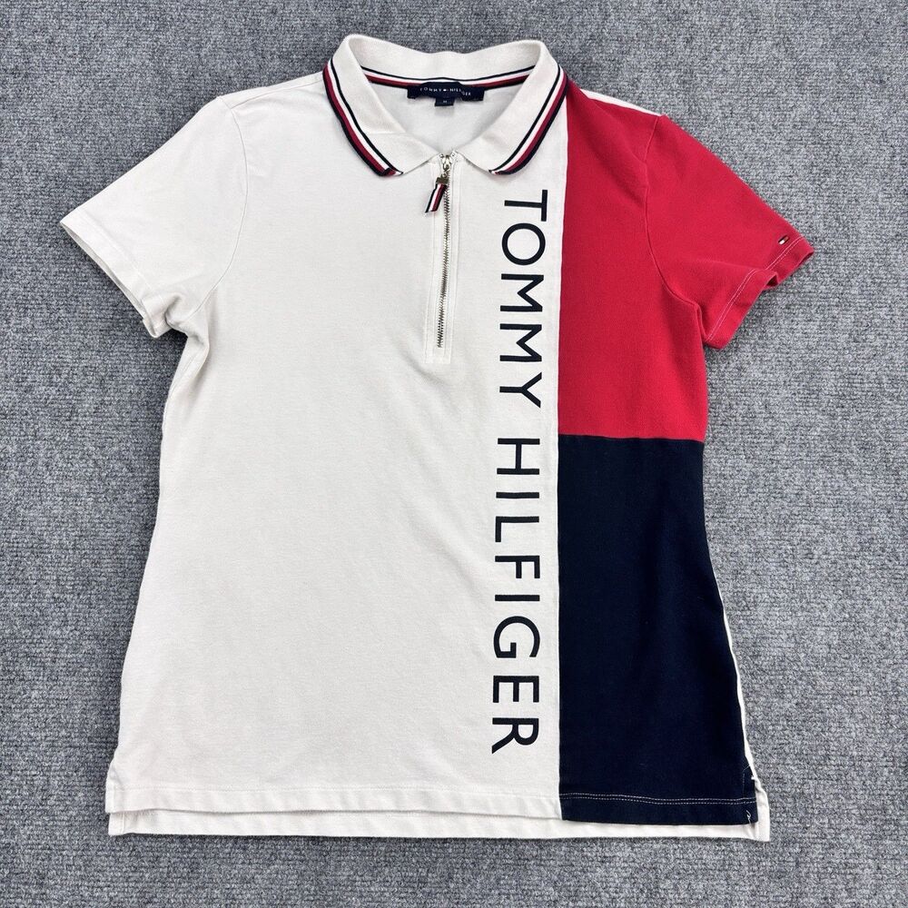 Tommy Hilfiger Women’s M Colorblock Quarter Zip Polo White Red Navy Cotton
